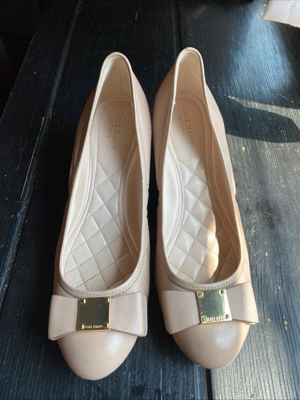 Cole Haan Nude Bow Ballet Flats with Gold Plaque
